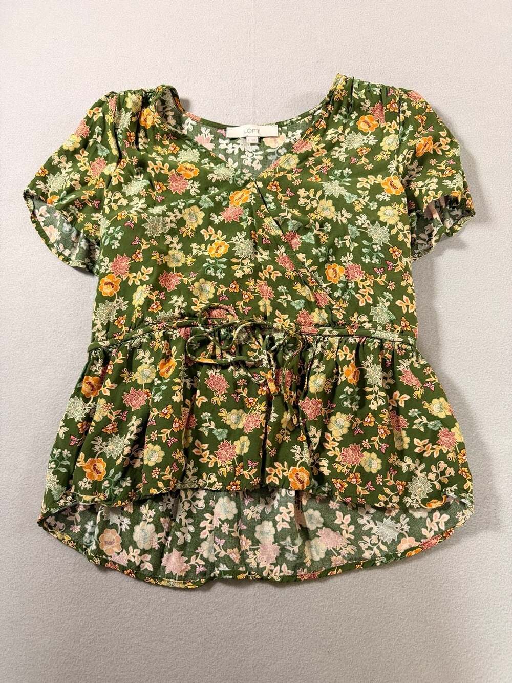 LOFT Green Floral Faux Wrap Peplum Blouse with Tie Waist Size S
